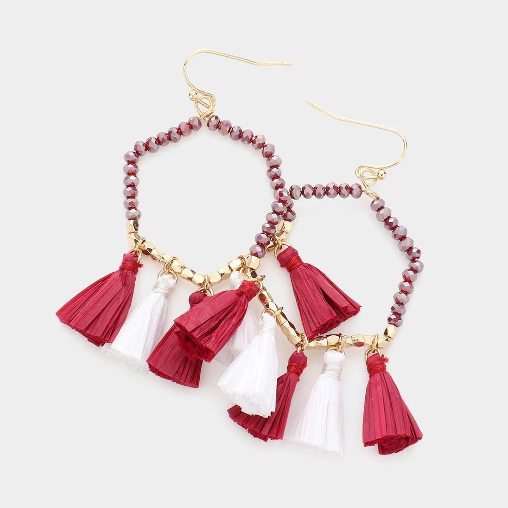 Burgundy Game Day Beaded Open Hexagon Raffia Tassel Link Dangle Earrings - Jewelry Store by Erik Rayo