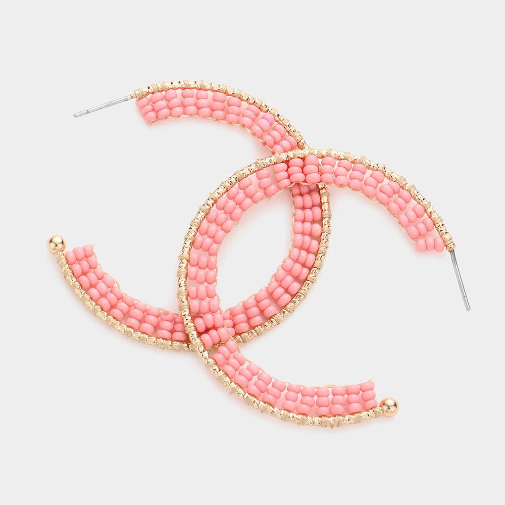 Pink Seed Bead Wrapped Hoop Earrings