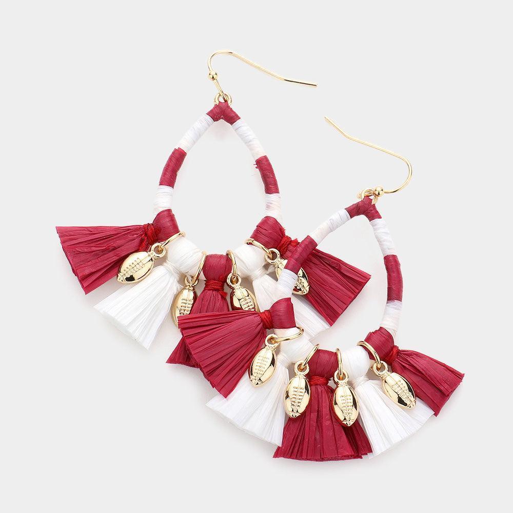 Burgundy Game Day Raffia Wrapped Teardrop Tassel Dangle Earrings - Jewelry Store by Erik Rayo