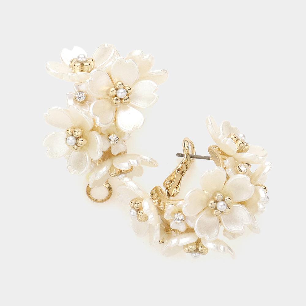 White Flower Cluster Half Hoop Earrings