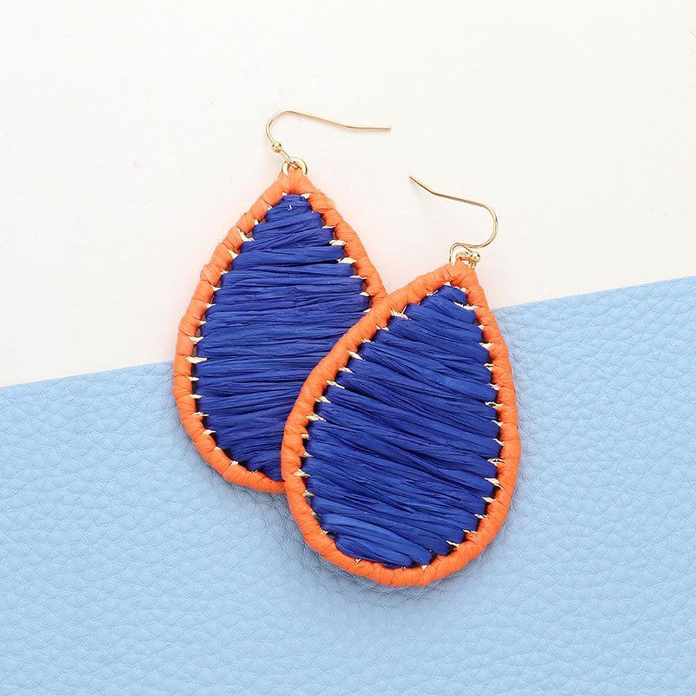 Blue Raffia Wrapped Teardrop Dangle Earrings - Jewelry Store by Erik Rayo
