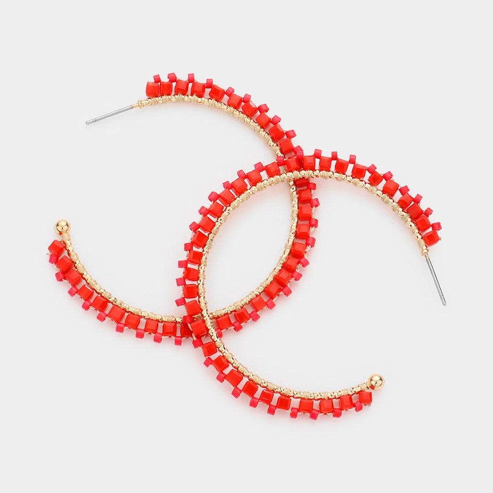 Red Bead Trimmed Hoop Earrings