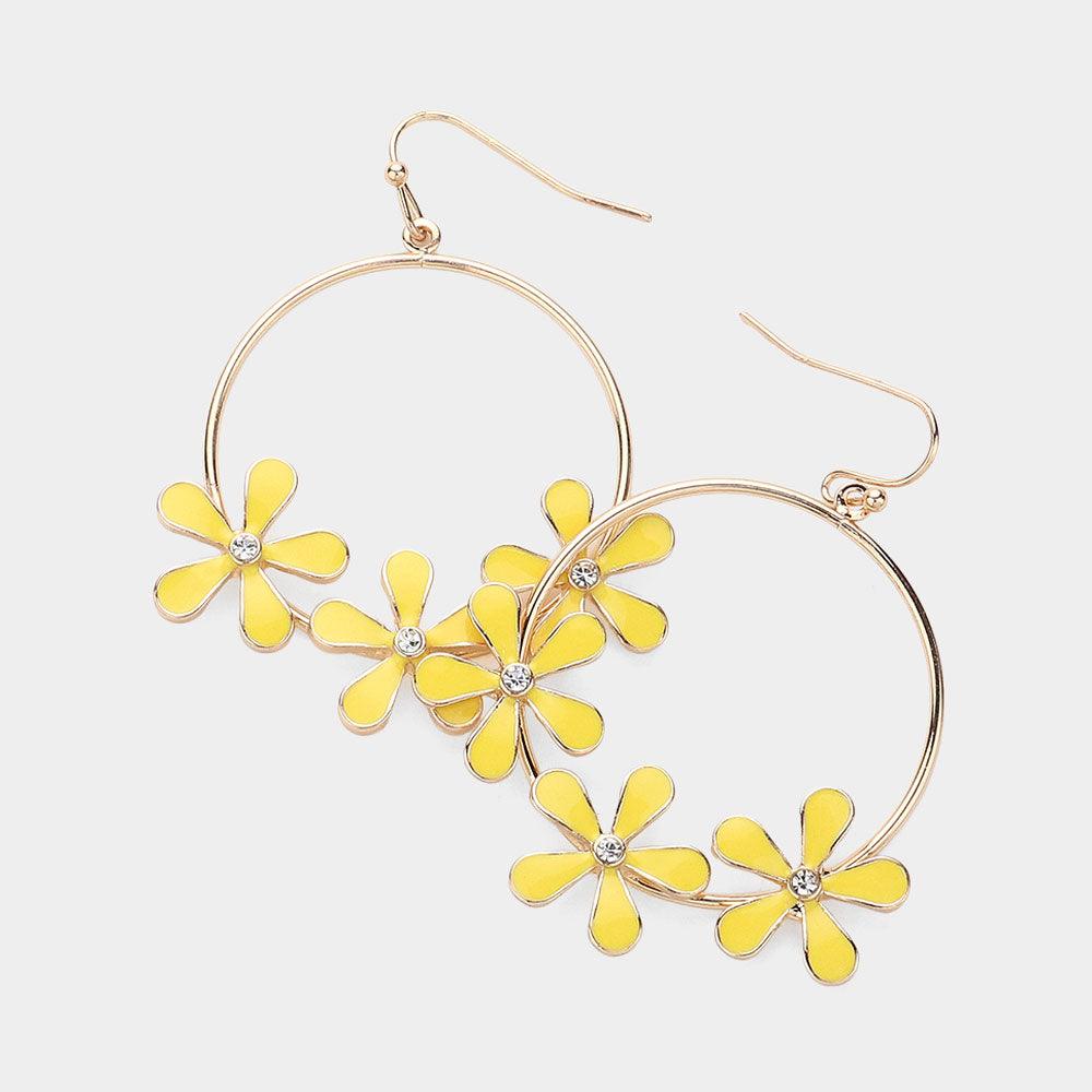 Yellow Stone Pointed Enamel Flower Open Ring Dangle Earrings