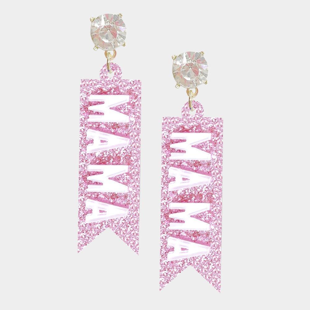 Pink Round Stone MAMA Message Accented Glittered Resin Link Dangle Earrings