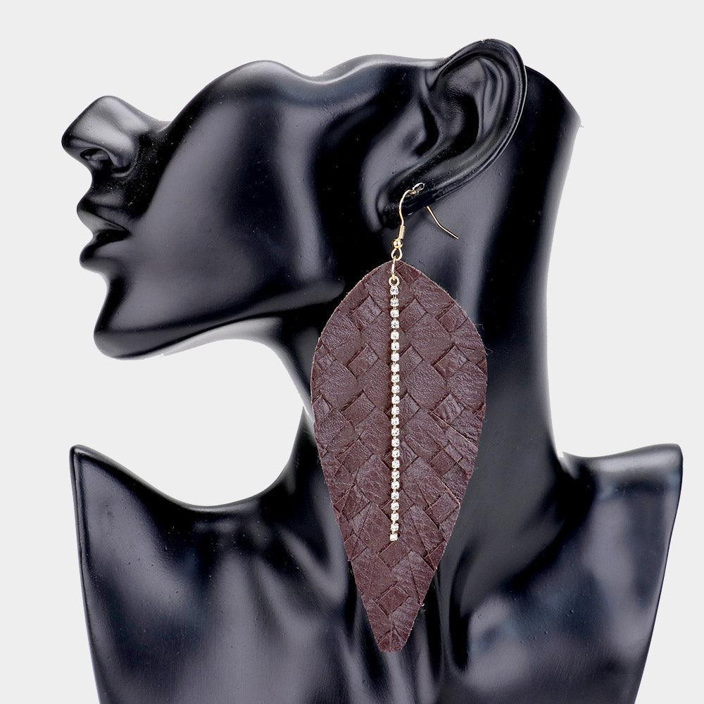 Brown 18K Gold Dipped Textured Faux Leather Feather Rhinestone Drop Earrings - Jewelry Store by Erik Rayo