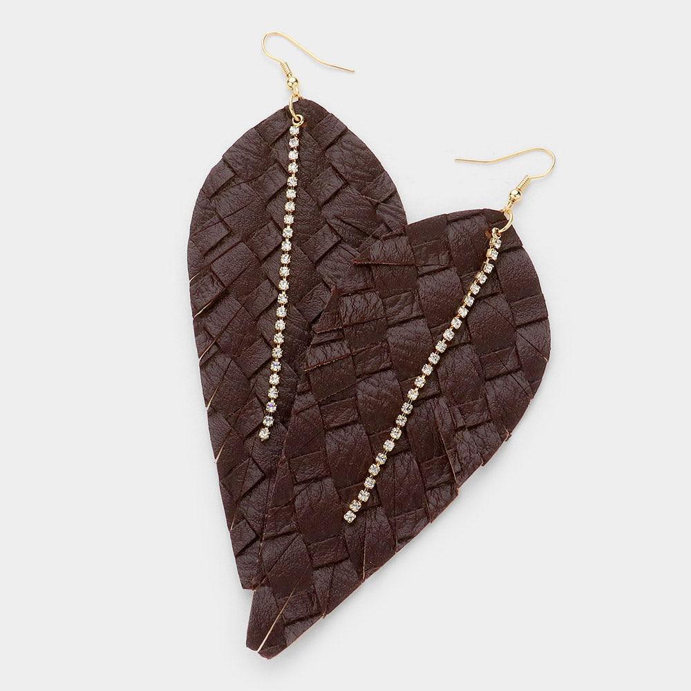 Brown 18K Gold Dipped Textured Faux Leather Feather Rhinestone Drop Earrings - Jewelry Store by Erik Rayo