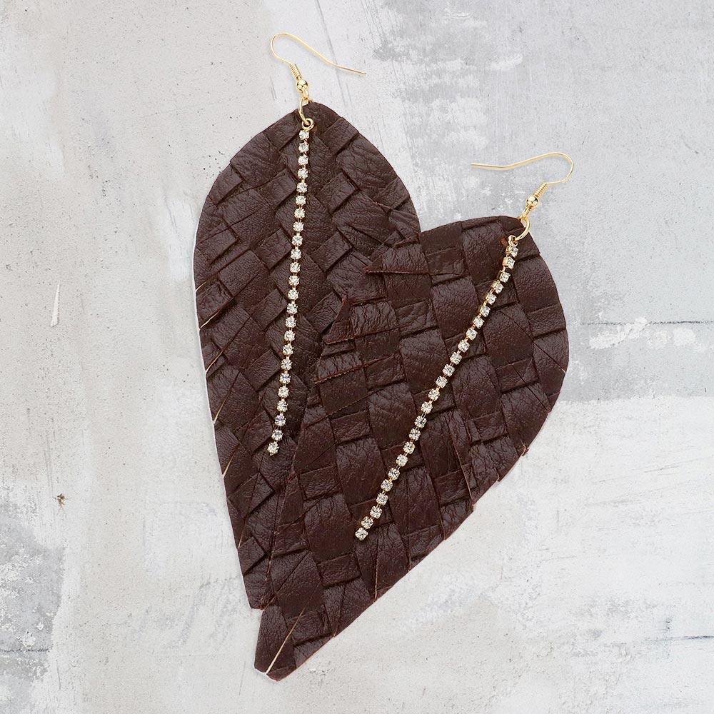 Brown 18K Gold Dipped Textured Faux Leather Feather Rhinestone Drop Earrings - Jewelry Store by Erik Rayo