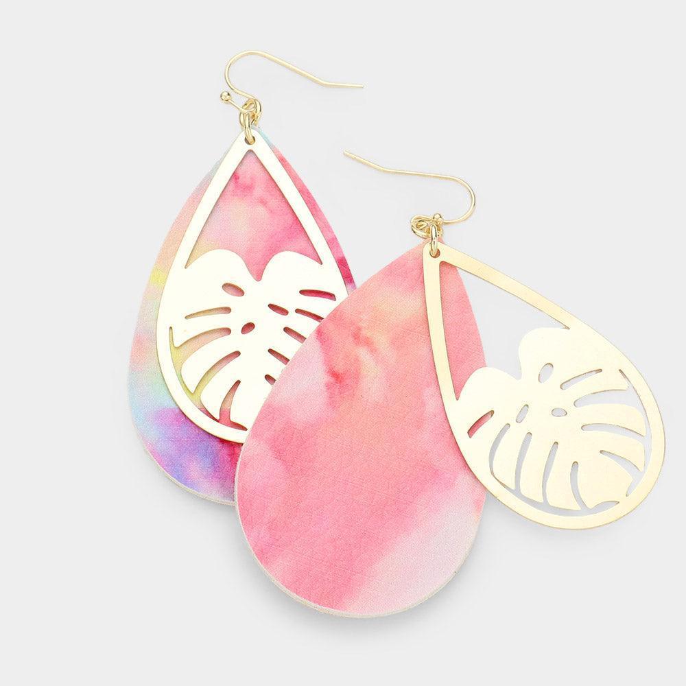 Metal Tropical Leaf Accented Tie Dye Faux Leather Teardrop Layered Dangle Earrings - Jewelry Store by Erik Rayo