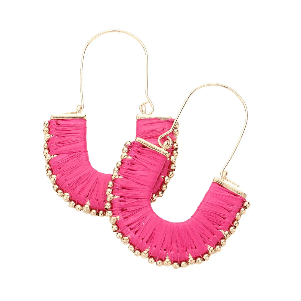 Fuchsia Raffia Wrapped Tiny Bead Trimmed Dangle Earrings - Jewelry Store by Erik Rayo