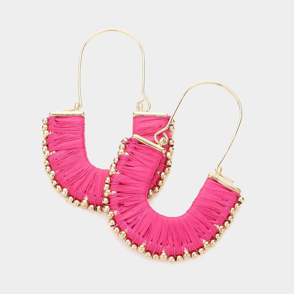 Fuchsia Raffia Wrapped Tiny Bead Trimmed Dangle Earrings - Jewelry Store by Erik Rayo