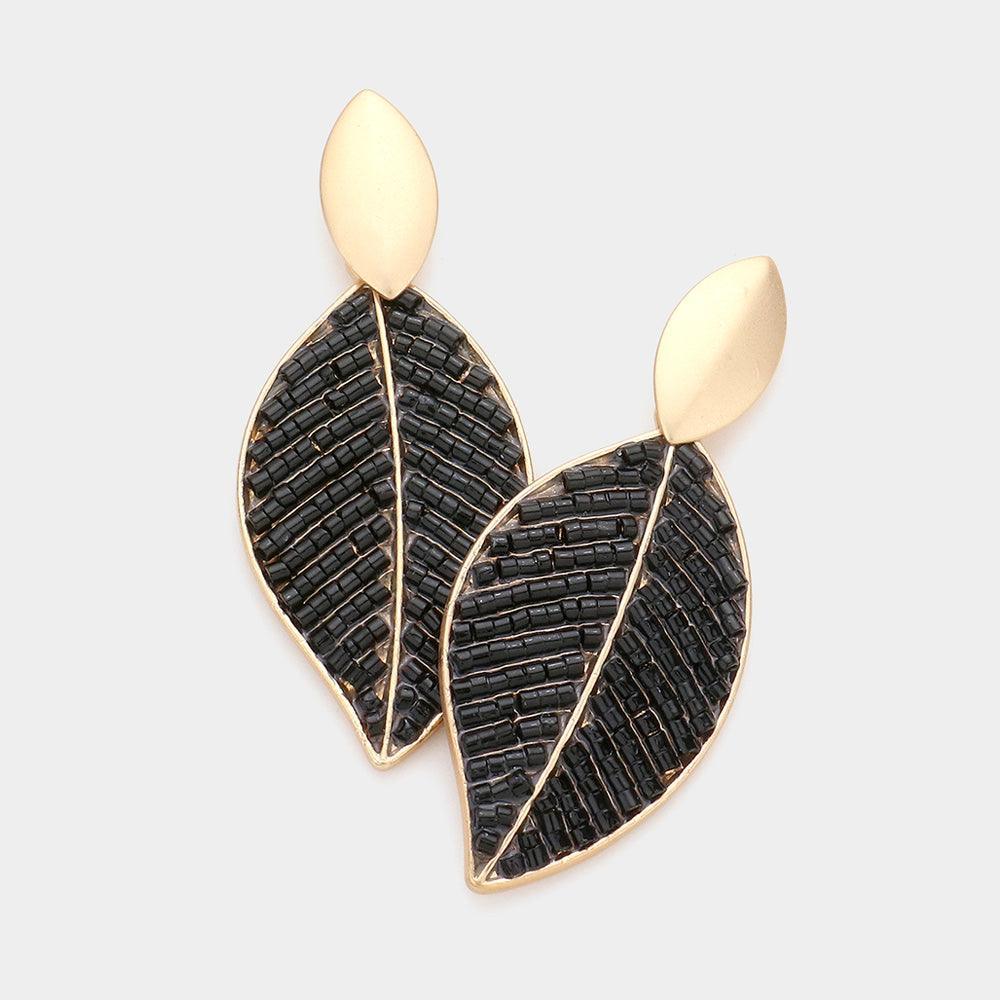 Black Beaded Leaf Dangle Earrings - Jewelry Store by Erik Rayo