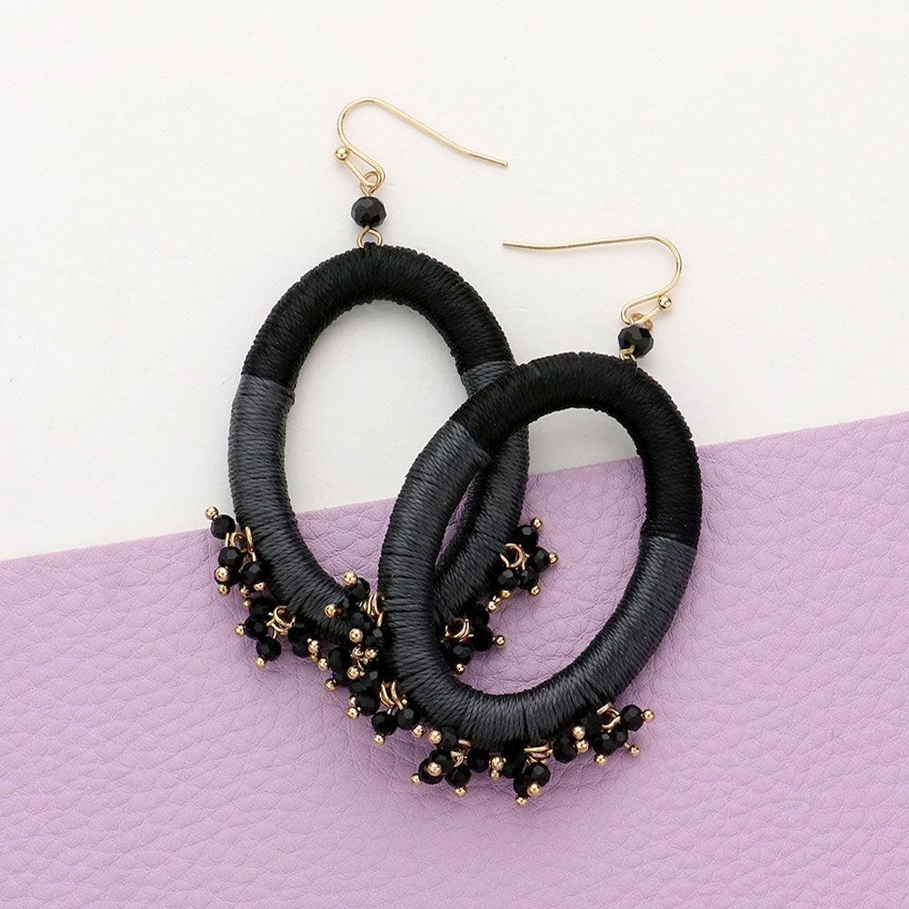 Black Thread Wrapped Open Oval Faceted Bead Cluster Dangle Earrings - Jewelry Store by Erik Rayo