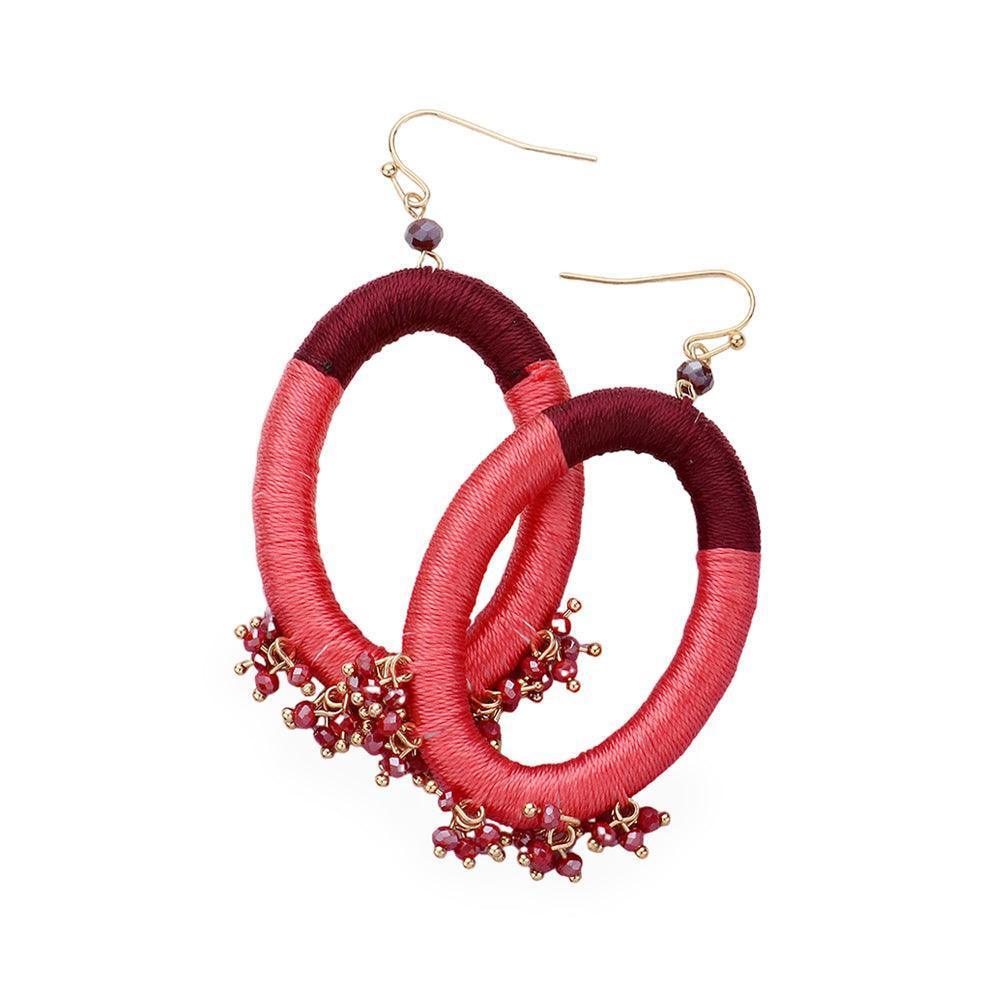 Burgundy Thread Wrapped Open Oval Faceted Bead Cluster Dangle Earrings - Jewelry Store by Erik Rayo