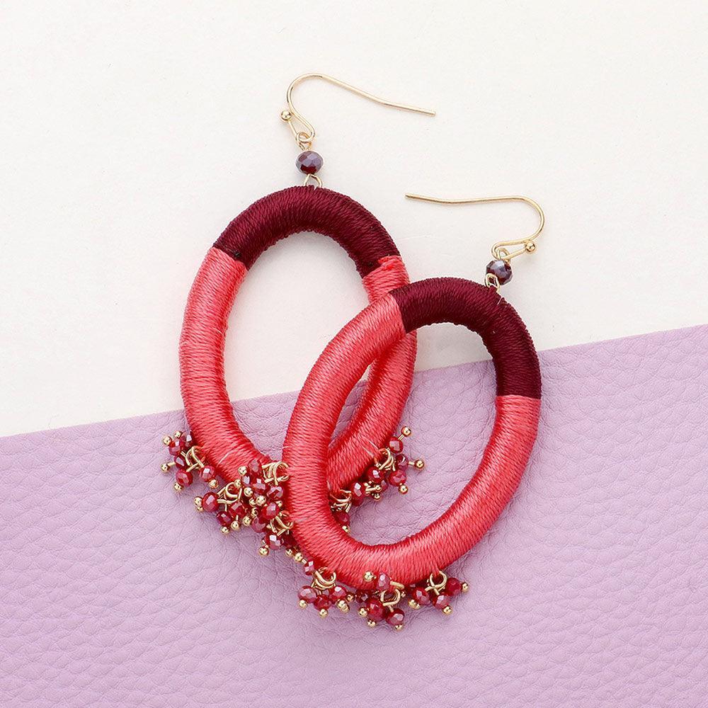 Burgundy Thread Wrapped Open Oval Faceted Bead Cluster Dangle Earrings - Jewelry Store by Erik Rayo