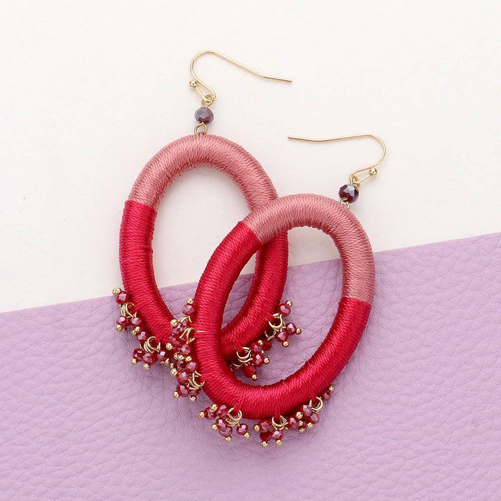 Pink Thread Wrapped Open Oval Faceted Bead Cluster Dangle Earrings - Jewelry Store by Erik Rayo
