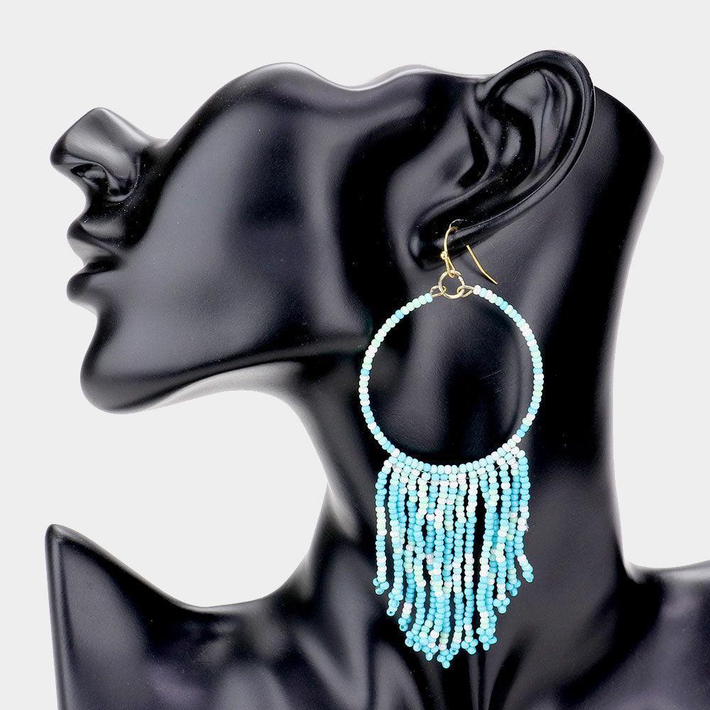 Blue Seed Beaded Open Circle Fringe Earrings - Jewelry Store by Erik Rayo