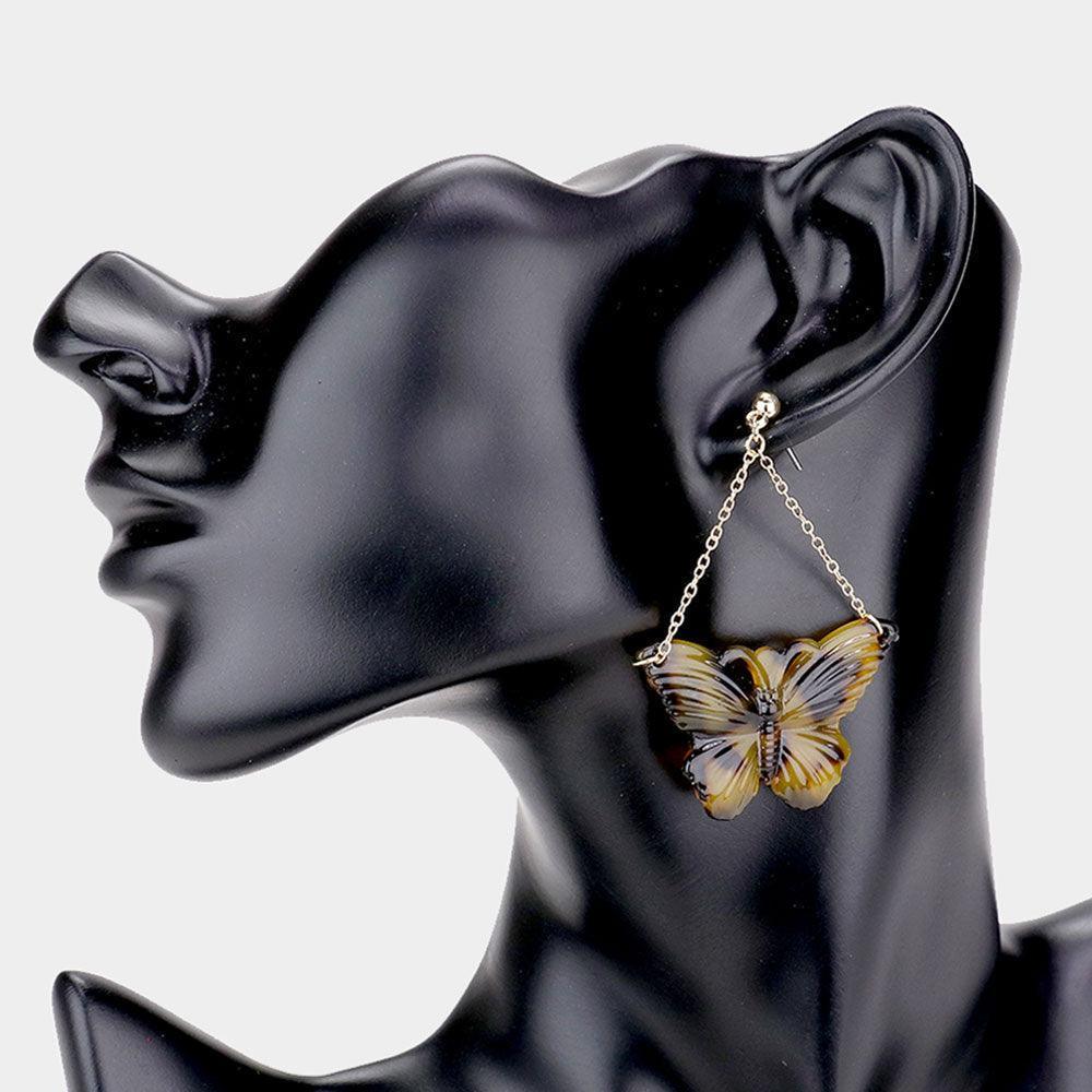Metal Chain Celluloid Acetate Tortoise Butterfly Dangle Earrings - Jewelry Store by Erik Rayo
