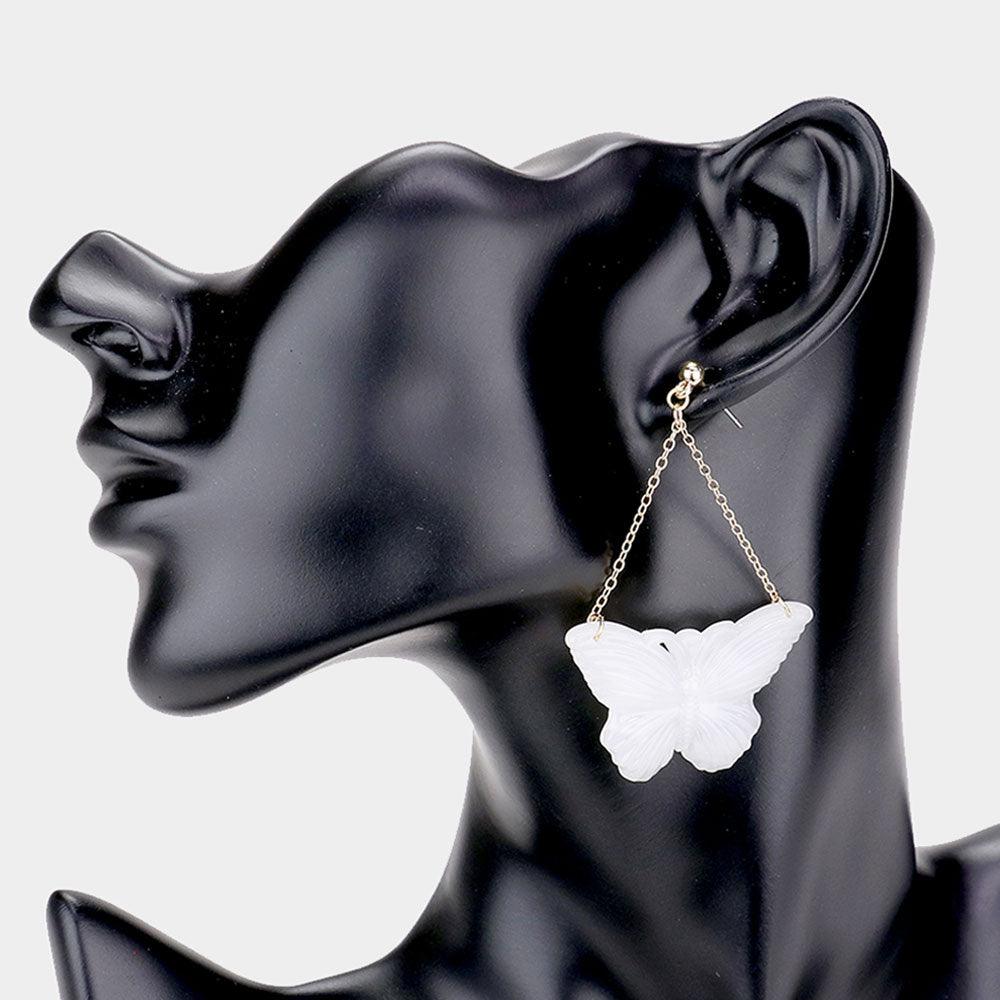 White Metal Chain Celluloid Acetate Butterfly Dangle Earrings