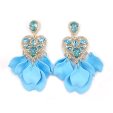 Load image into Gallery viewer, Aqua Multi Stone Embellished Heart Colored Petal Dangle Earrings
