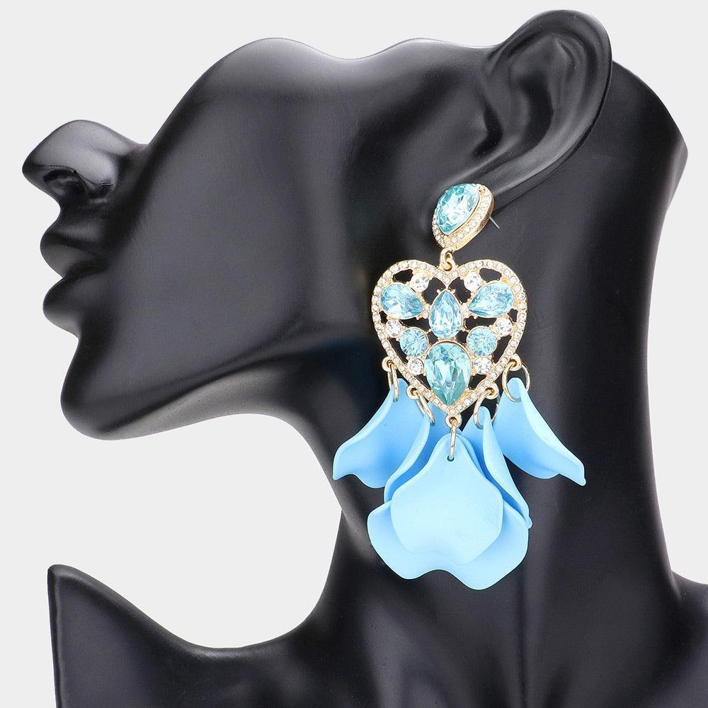 Aqua Multi Stone Embellished Heart Colored Petal Dangle Earrings