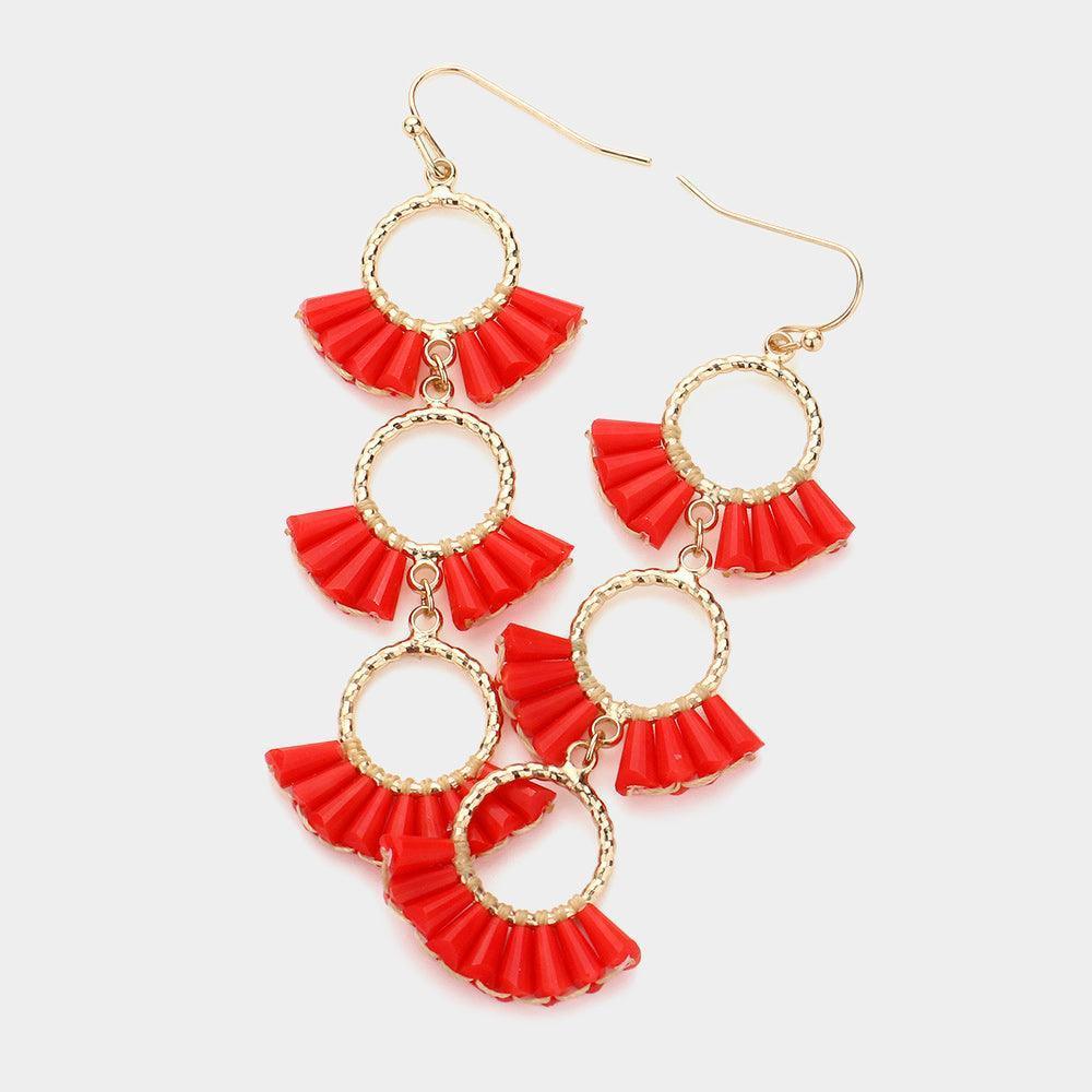 Red Beaded Triple Hoop Dropdown Dangle Earrings - Jewelry Store by Erik Rayo