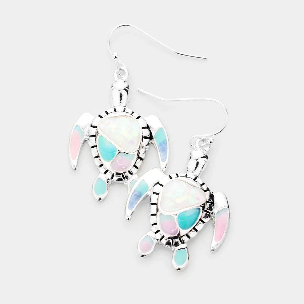 Silver Glitter Enamel Metal Turtle Dangle Earrings - Jewelry Store by Erik Rayo