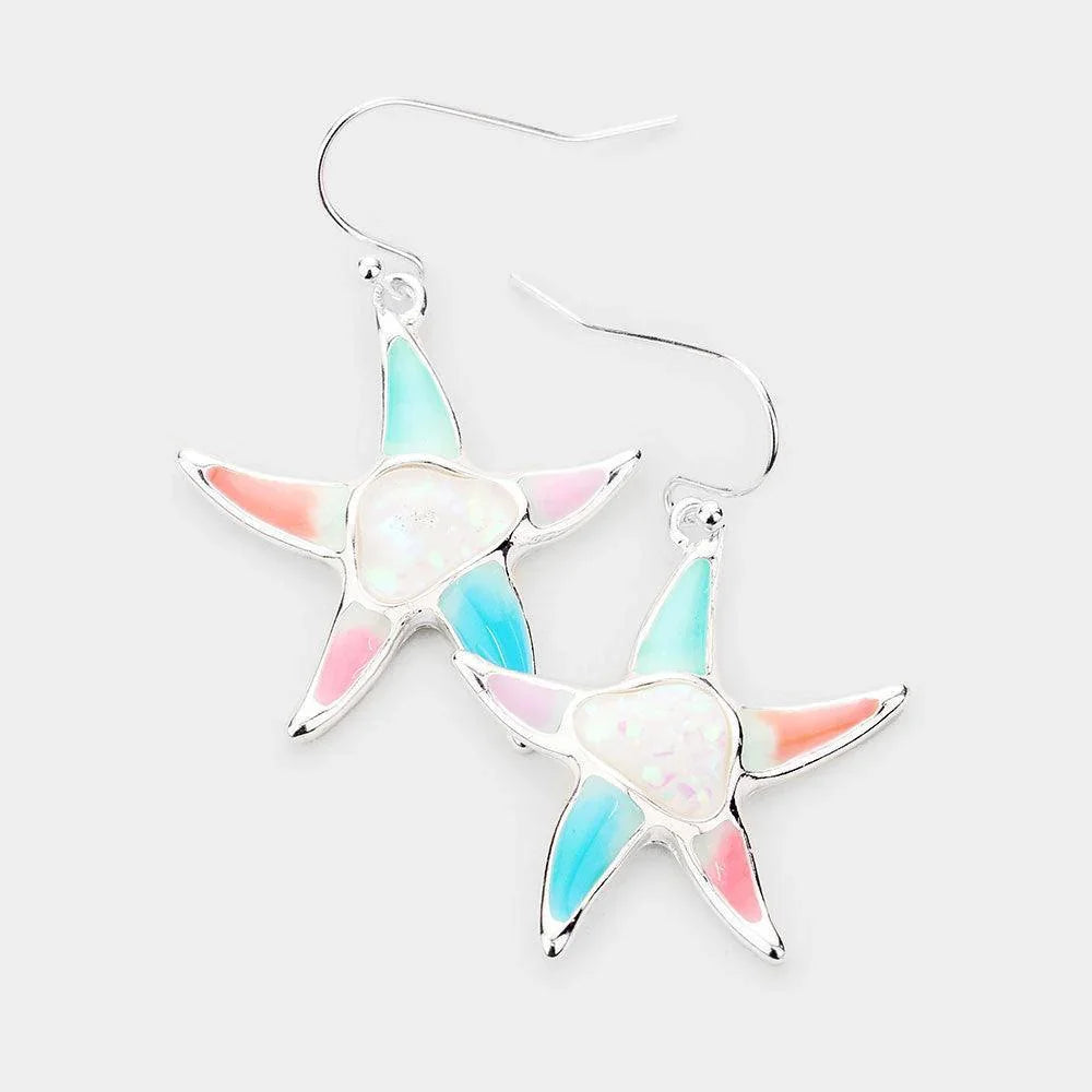Silver Glitter Enamel Metal Starfish Dangle Earrings - Jewelry Store by Erik Rayo