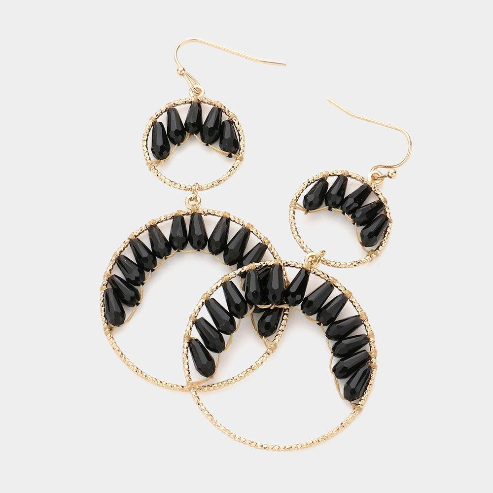 Black Faceted Teardrop Bead Wrapped Double Open Metal Circle Link Dangle Earrings - Jewelry Store by Erik Rayo