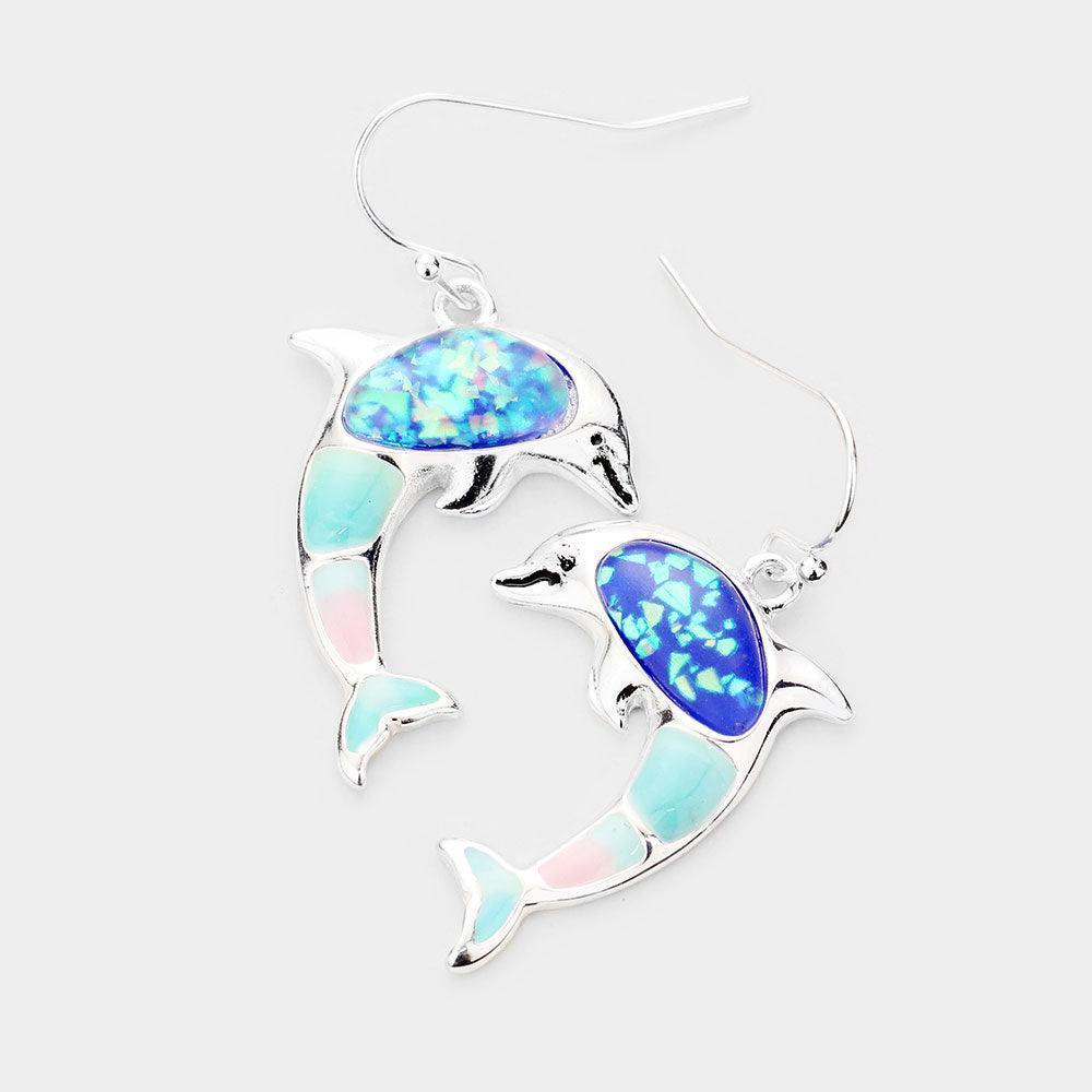 Silver Glitter Enamel Metal Dolphin Dangle Earrings - Jewelry Store by Erik Rayo
