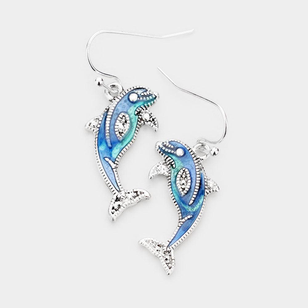 Blue Enamel Metal Dolphin Dangle Earrings - Jewelry Store by Erik Rayo