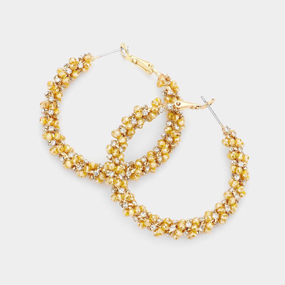 Mustard Faceted Beads Stones Wrapped Hoop Earrings