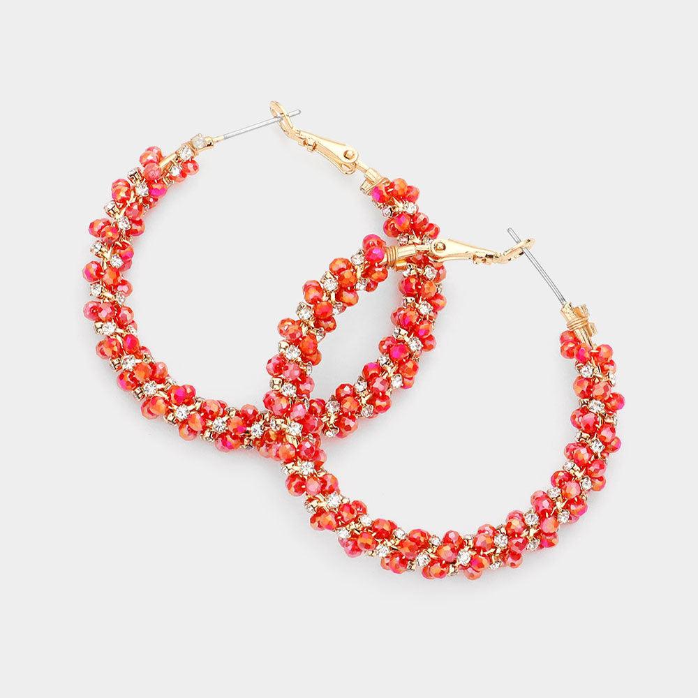 Red Faceted Beads Stones Wrapped Hoop Earrings