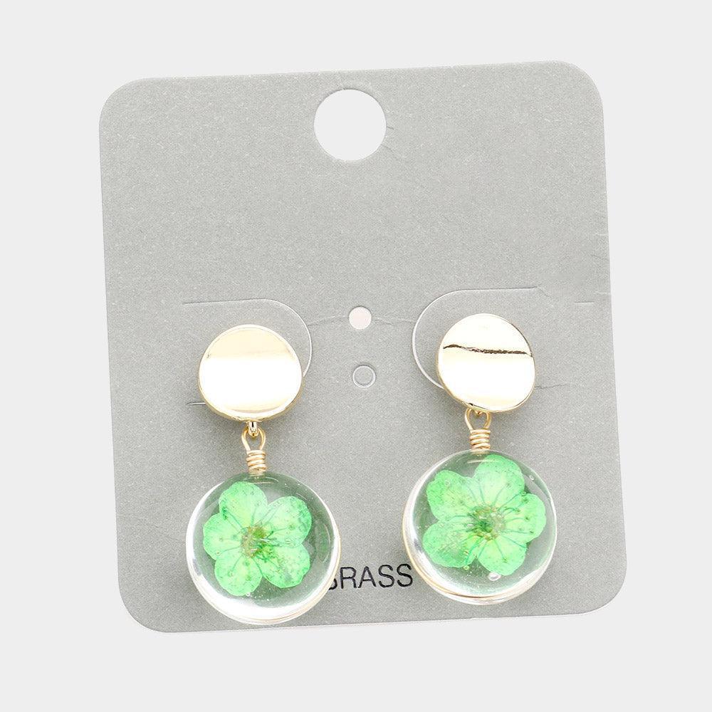 Curved Brass Metal Round Pressed Flower Lucite Dangle Earrings - Jewelry Store by Erik Rayo