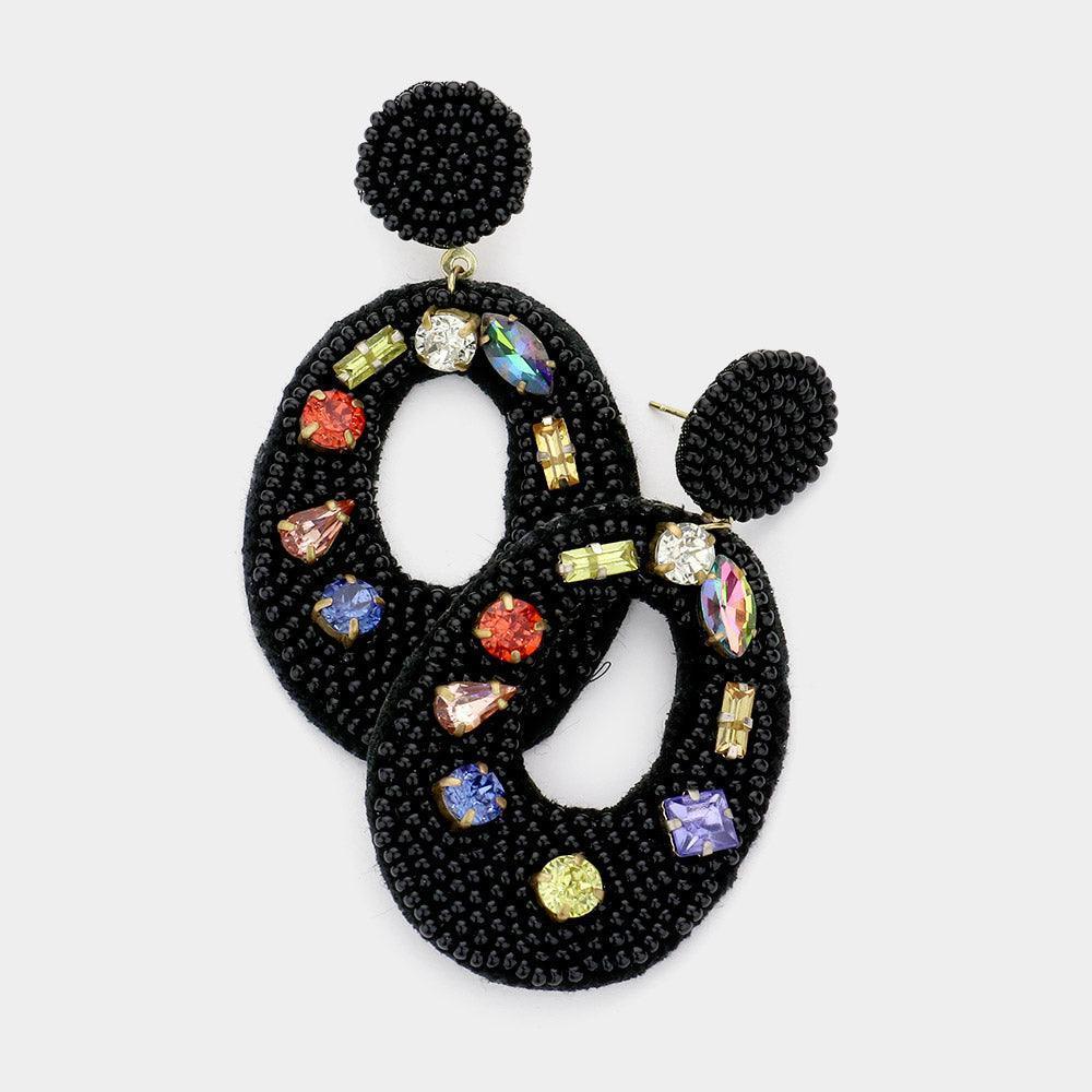 Black Multi Stone Embellished Seed Beaded Cut Out Oval Dangle Earrings - Jewelry Store by Erik Rayo