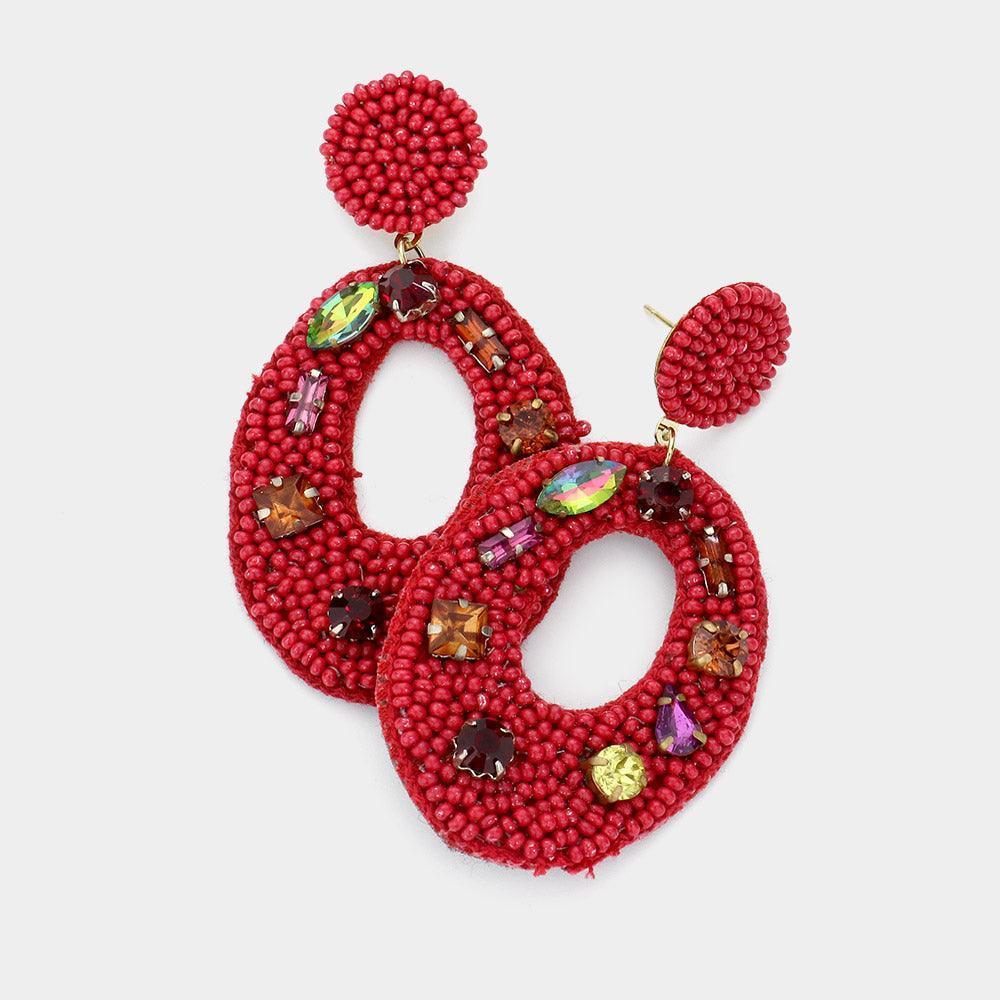 Burgundy Multi Stone Embellished Seed Beaded Cut Out Oval Dangle Earrings - Jewelry Store by Erik Rayo