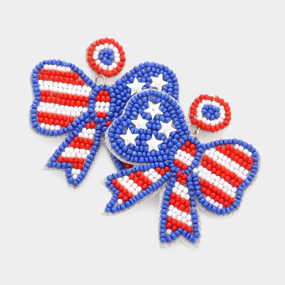 American USA Flag Beaded Ribbon Dangle Earrings - Jewelry Store by Erik Rayo
