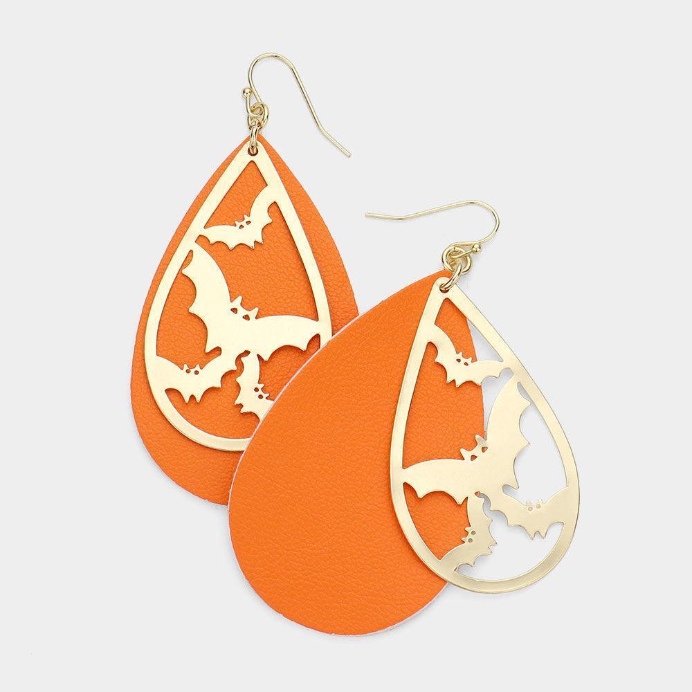 Orange Metal Bat Accented Faux Leather Teardrop Layered Dangle Earrings - Jewelry Store by Erik Rayo