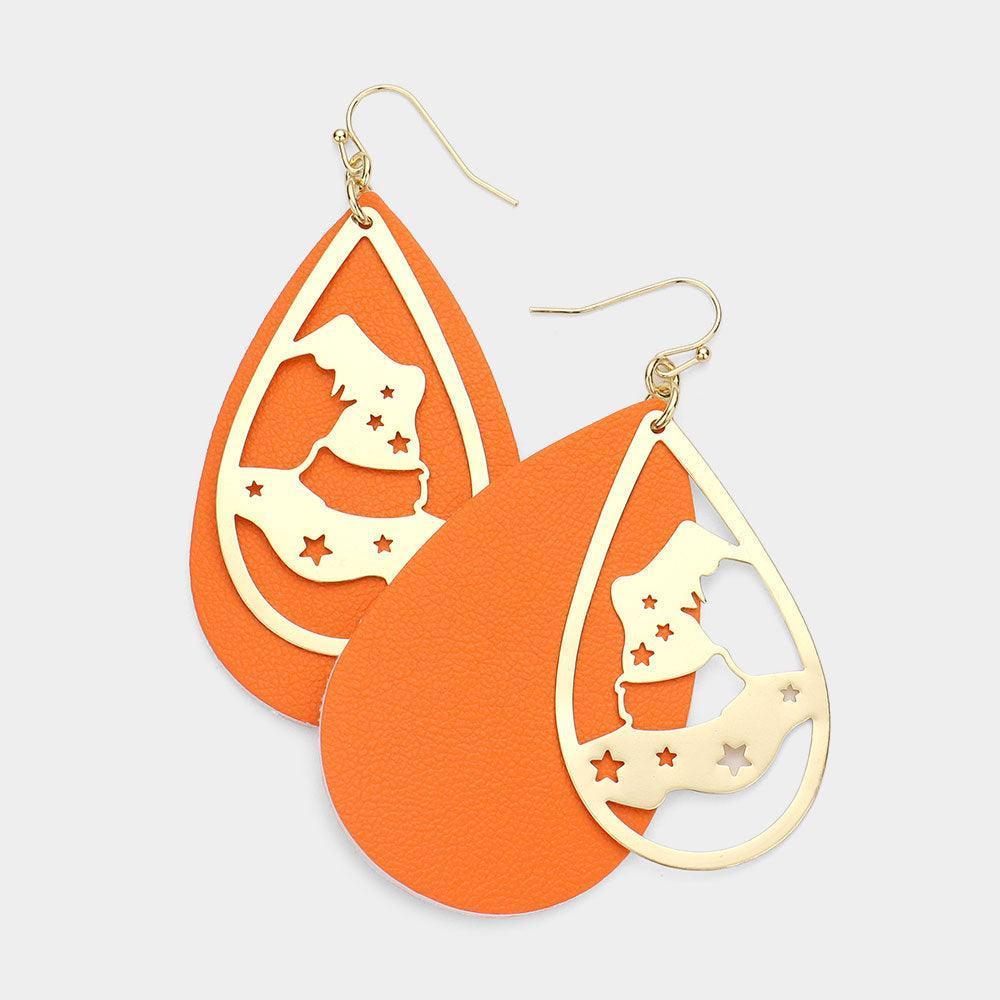 Orange Metal Witch Hat Accented Faux Leather Teardrop Layered Dangle Earrings - Jewelry Store by Erik Rayo