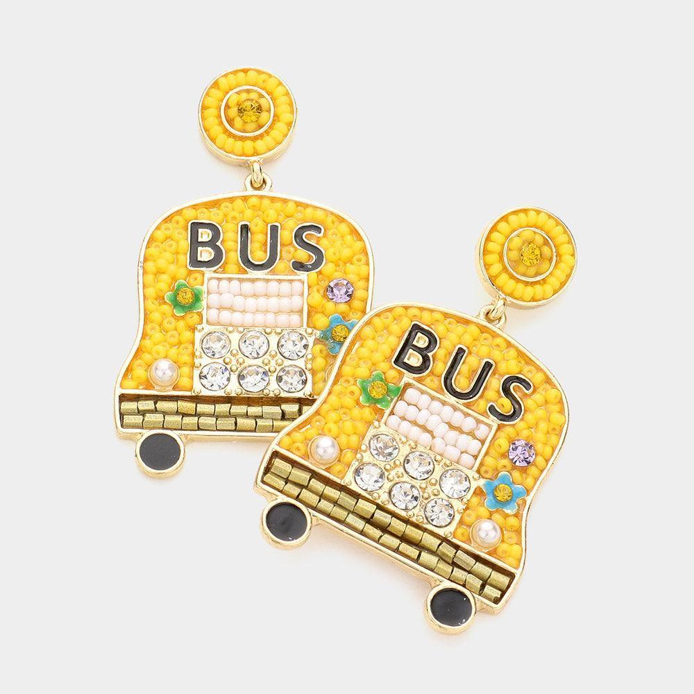 Yellow Stone Seed Bead Embellished School Bus Dangle Earrings - Jewelry Store by Erik Rayo