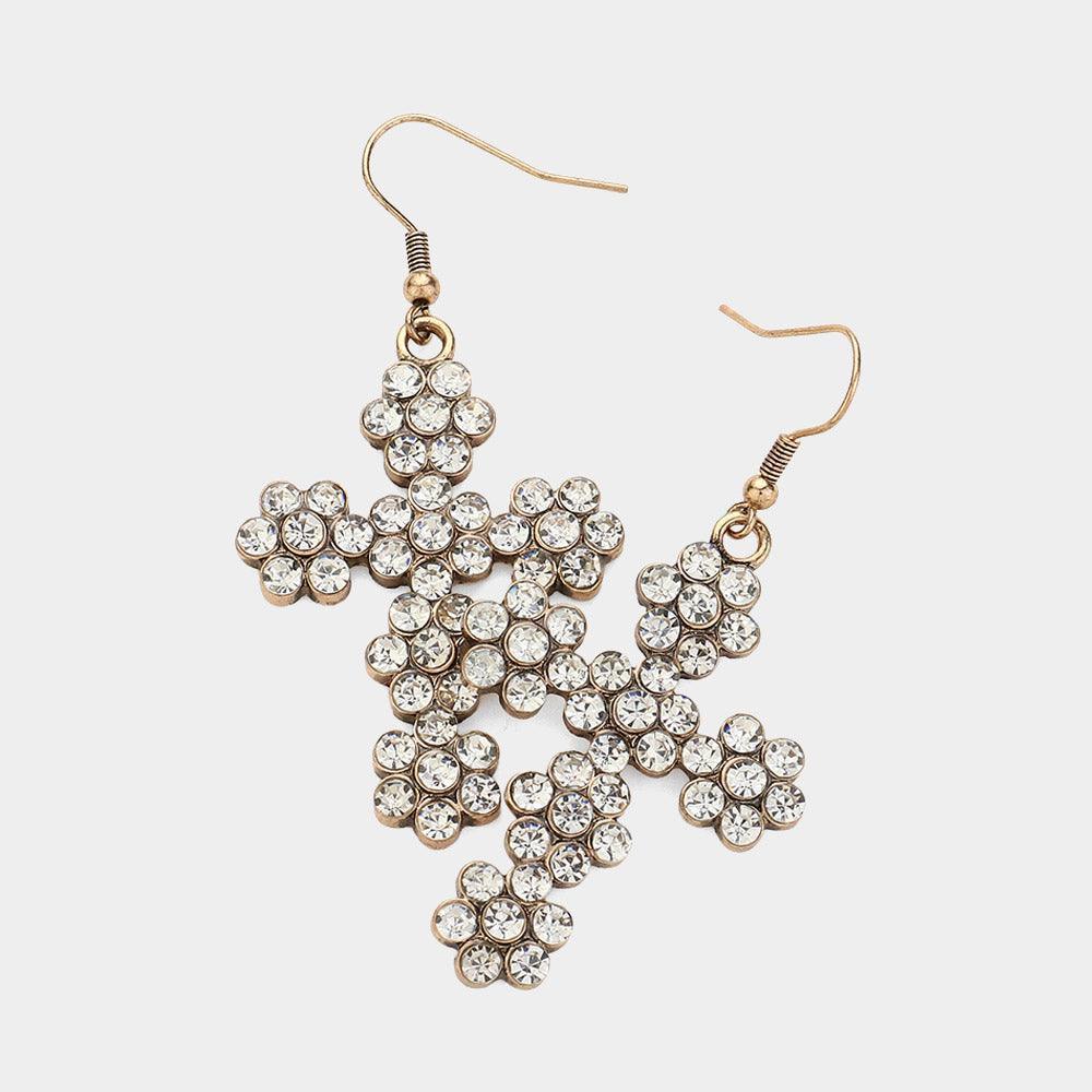 Clear Stone Paved Flower Cross Dangle Earrings - Jewelry Store by Erik Rayo