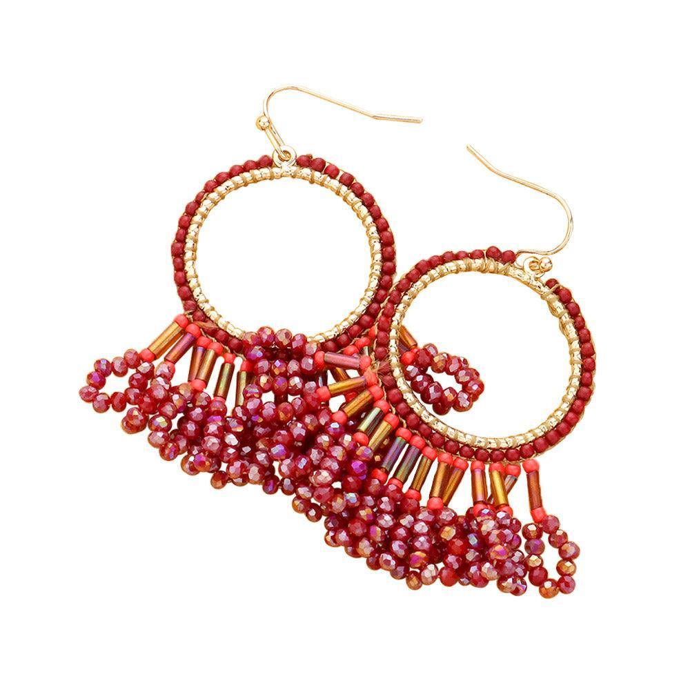 Burgundy Seed Beaded Fringe Metallic Tiered Circle Dangle Earrings - Jewelry Store by Erik Rayo