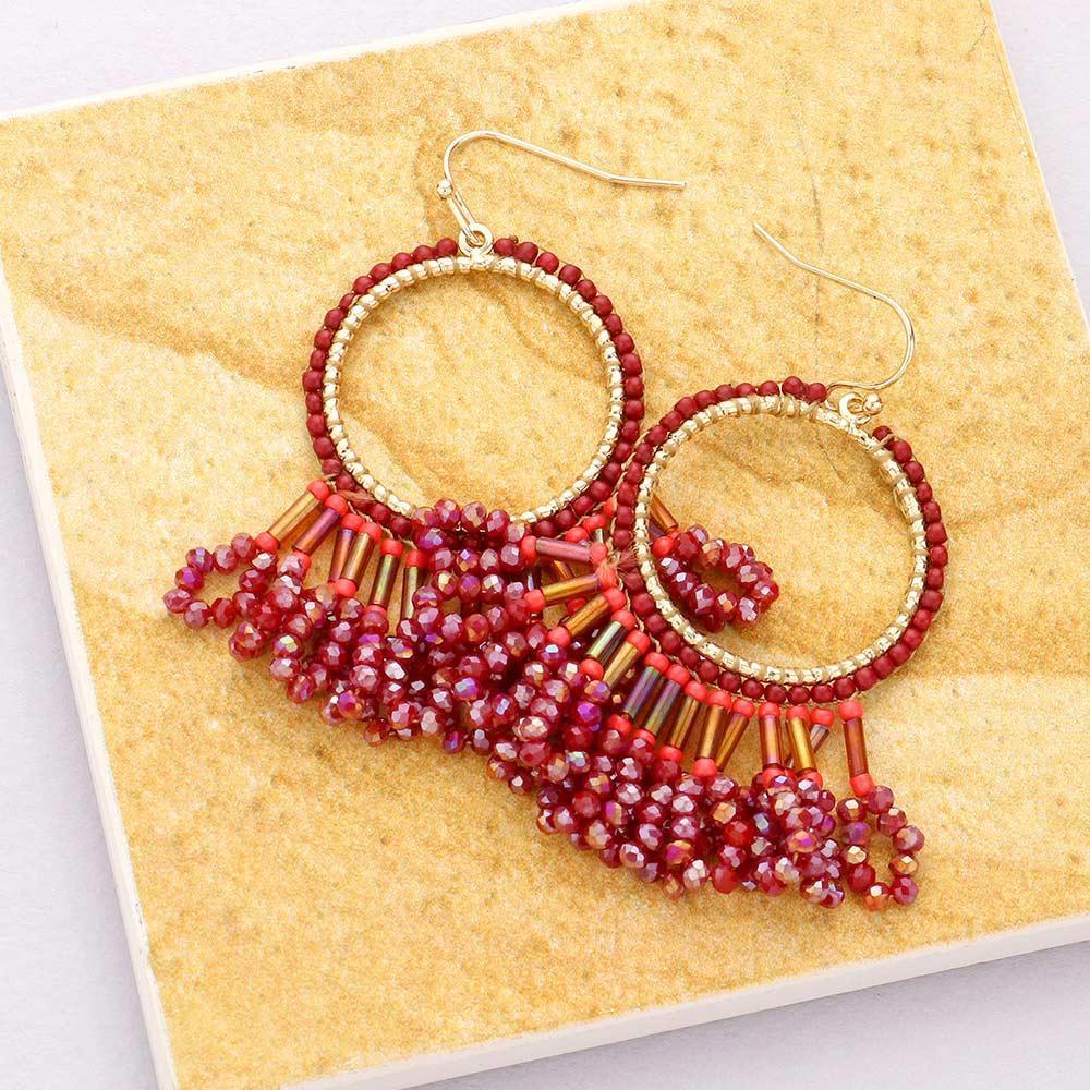Burgundy Seed Beaded Fringe Metallic Tiered Circle Dangle Earrings - Jewelry Store by Erik Rayo