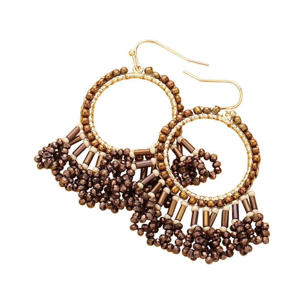Brown Seed Beaded Fringe Metallic Tiered Circle Dangle Earrings - Jewelry Store by Erik Rayo