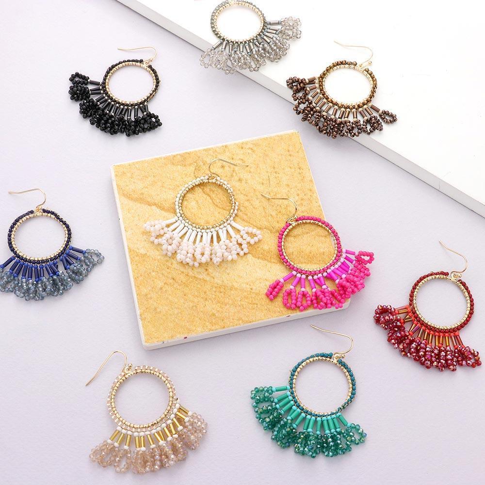 Brown Seed Beaded Fringe Metallic Tiered Circle Dangle Earrings - Jewelry Store by Erik Rayo