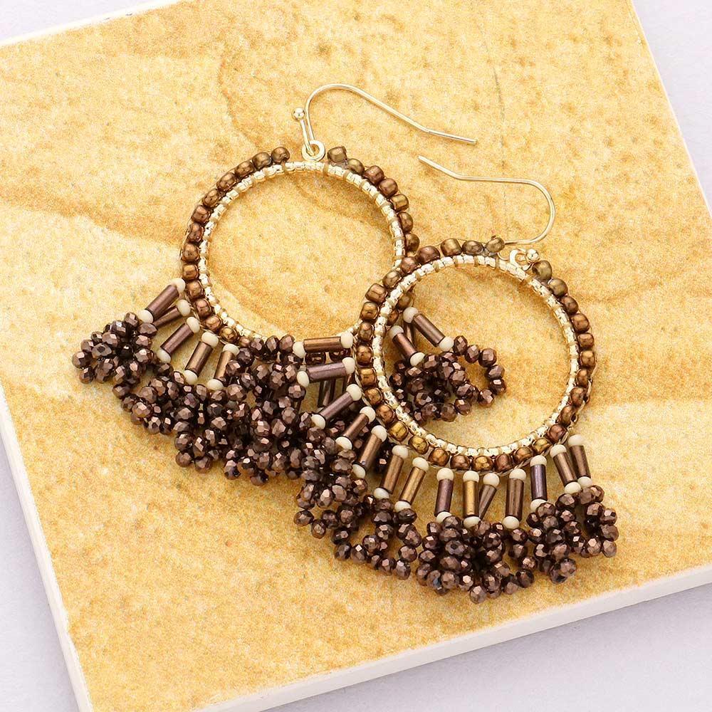 Brown Seed Beaded Fringe Metallic Tiered Circle Dangle Earrings - Jewelry Store by Erik Rayo
