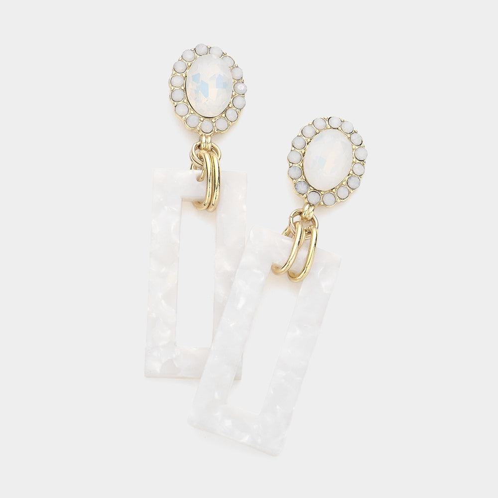 White Oval Stone Celluloid Acetate Open Rectangle Link Dangle Earrings