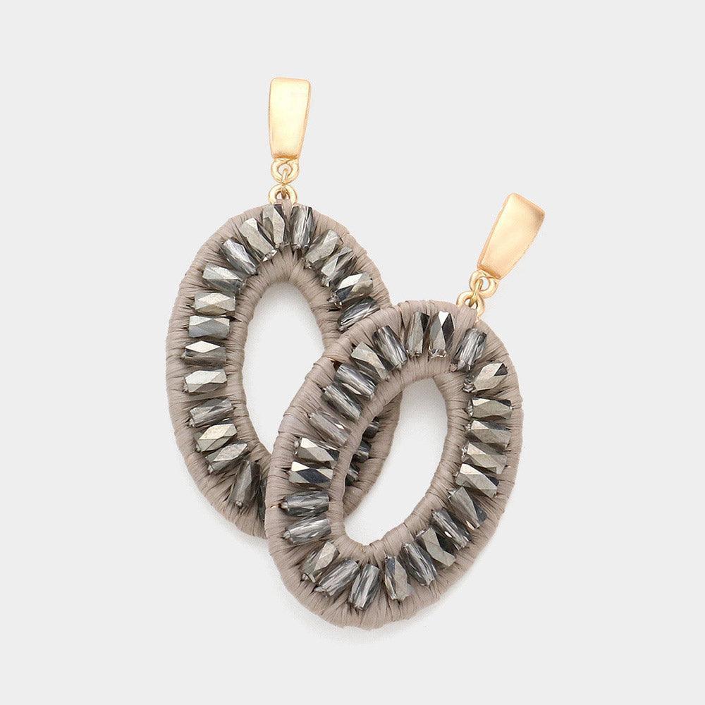 Black Raffia Wrapped Faceted Beaded Open Oval Dangle Earrings - Jewelry Store by Erik Rayo