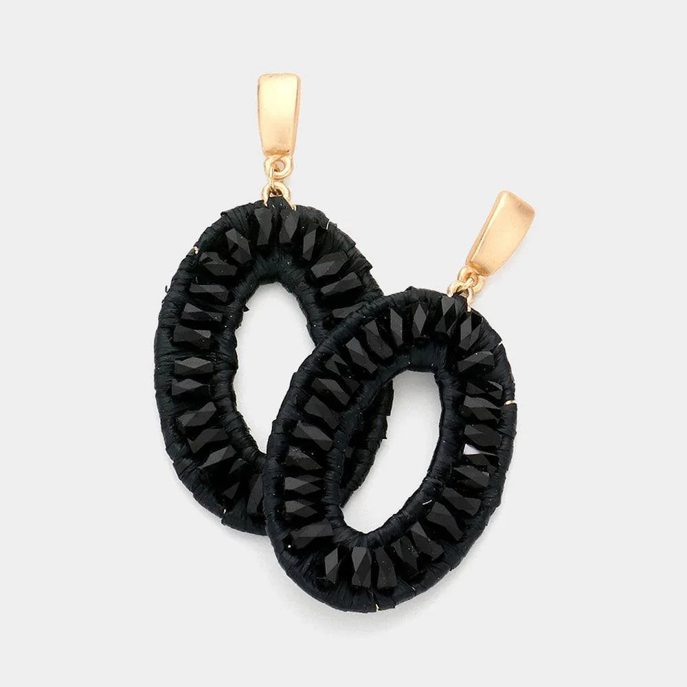 Black Raffia Wrapped Faceted Beaded Open Oval Dangle Earrings - Jewelry Store by Erik Rayo