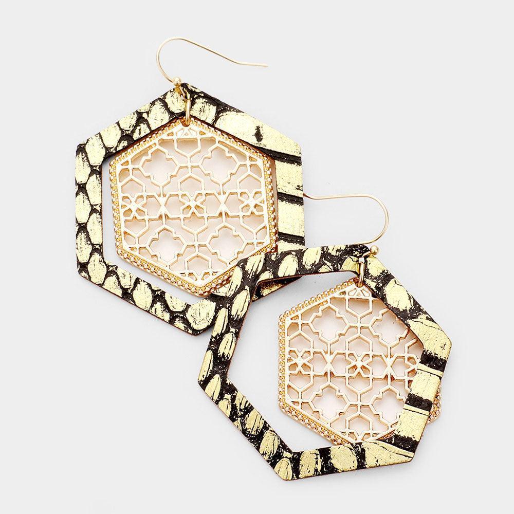 Gold Faux Leather Moroccan Filigree Dangle Earrings - Jewelry Store by Erik Rayo