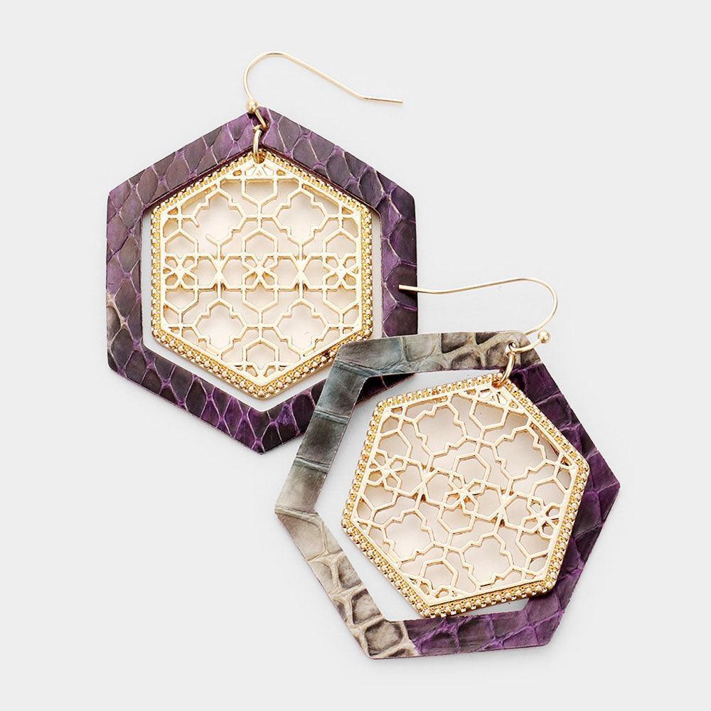 Purple Faux Leather Moroccan Filigree Dangle Earrings - Jewelry Store by Erik Rayo